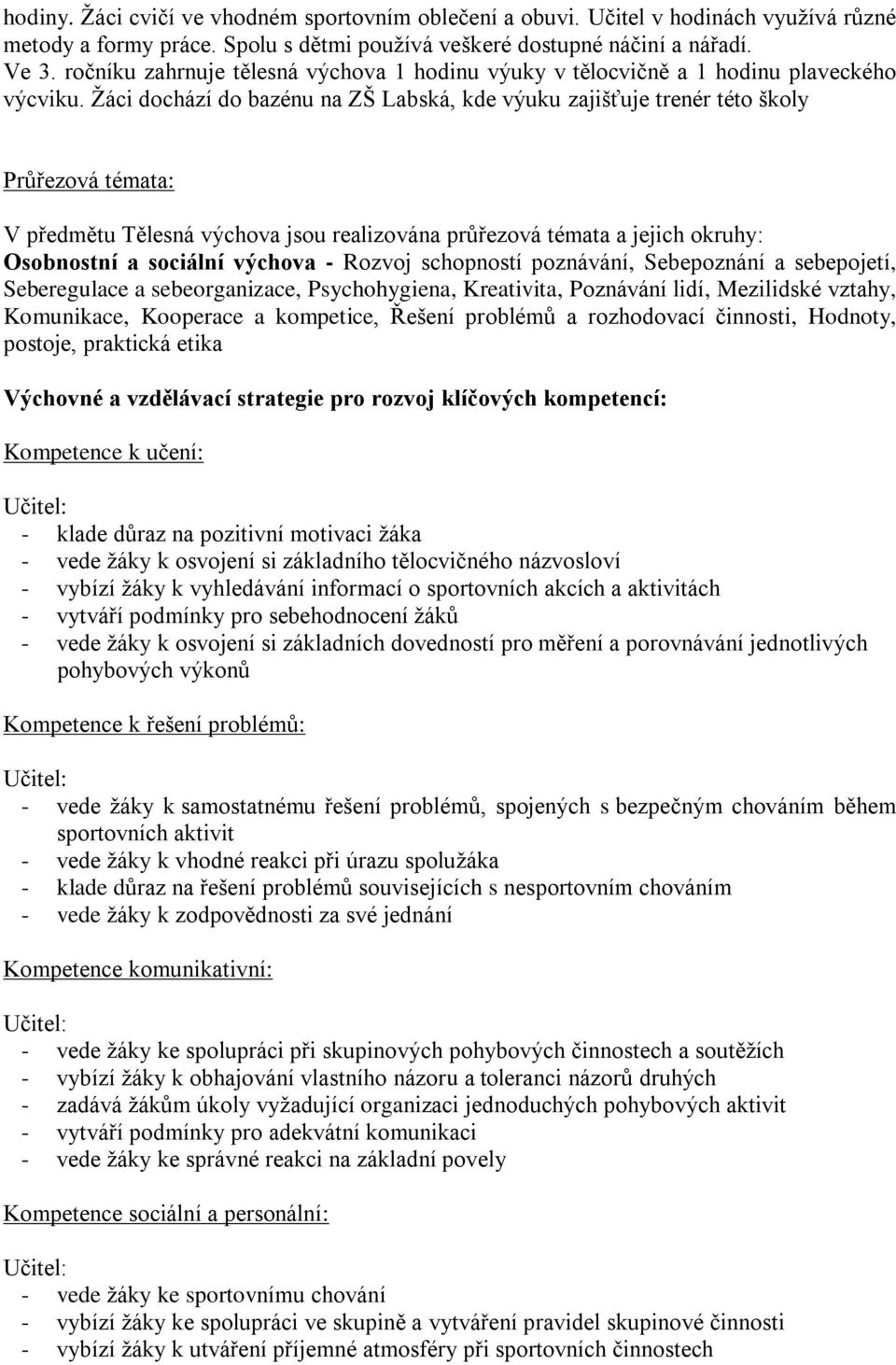 Žáci dochází do bazénu na ZŠ Labská, kde výuku zajišťuje trenér této školy Průřezová témata: V předmětu Tělesná výchova jsou realizována průřezová témata a jejich okruhy: Osobnostní a sociální