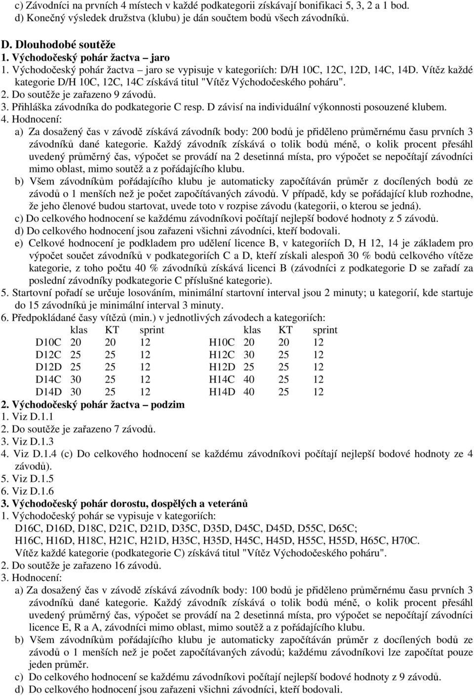 Vítěz každé kategorie D/H 10C, 12C, 14C získává titul "Vítěz Východočeského poháru". 2. Do soutěže je zařazeno 9 závodů. 3. Přihláška závodníka do podkategorie C resp.