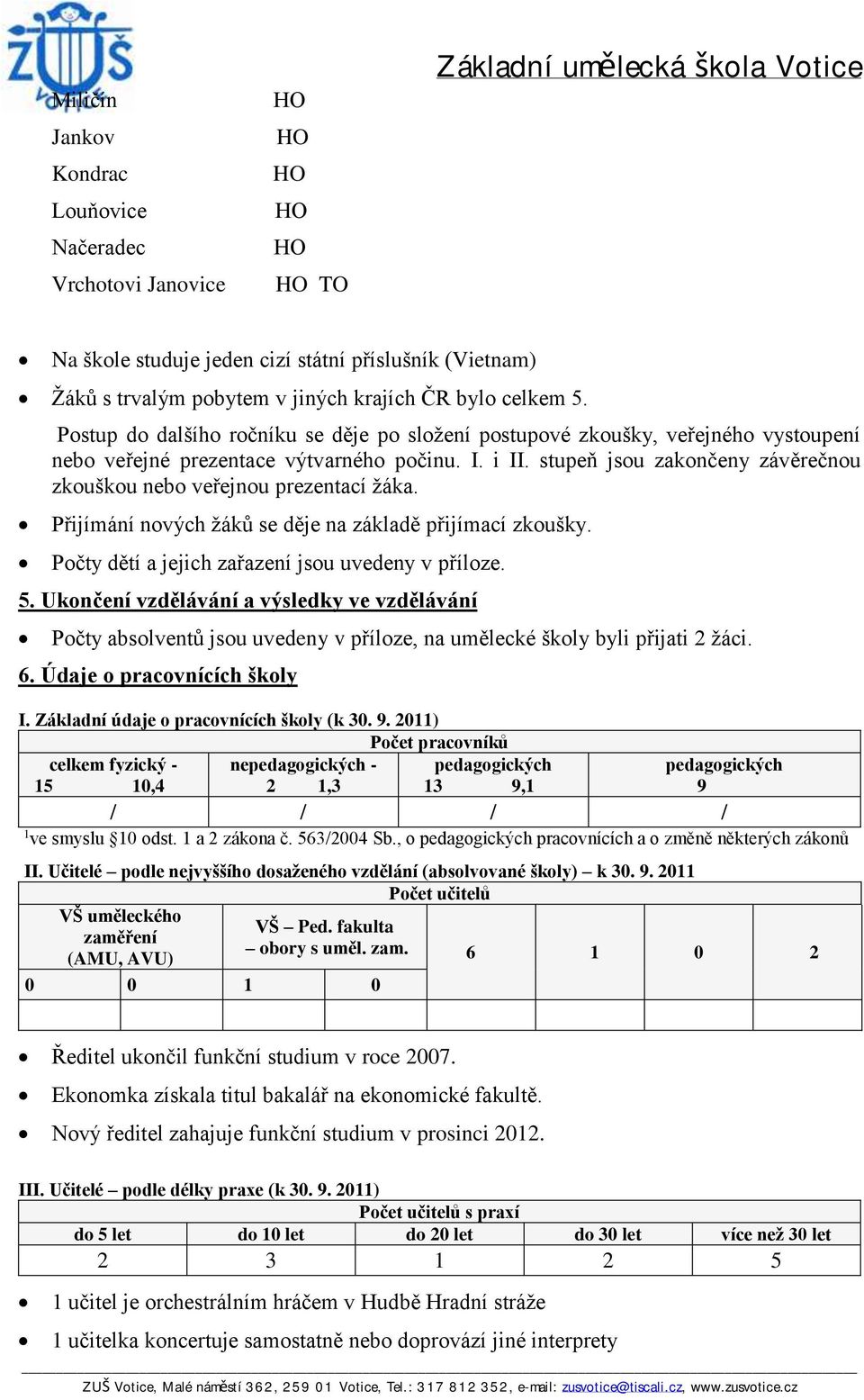 stupeň jsou zakončeny závěrečnou zkouškou nebo veřejnou prezentací žáka. Přijímání nových žáků se děje na základě přijímací zkoušky. Počty dětí a jejich zařazení jsou uvedeny v příloze. 5.