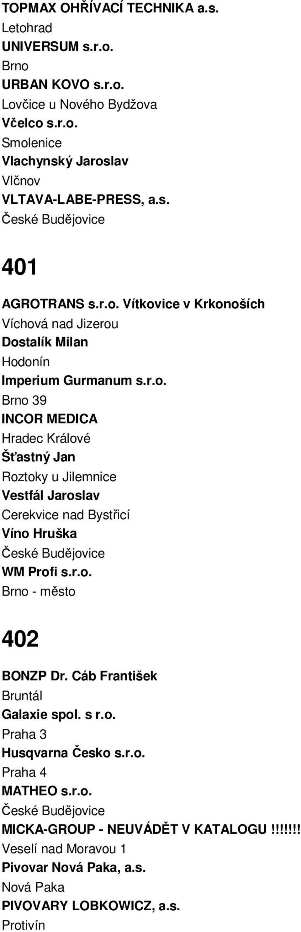 r.o. Brno - město 402 BONZP Dr. Cáb František Bruntál Galaxie spol. s r.o. Praha 3 Husqvarna Česko s.r.o. Praha 4 MATHEO s.r.o. MICKA-GROUP - NEUVÁDĚT V KATALOGU!