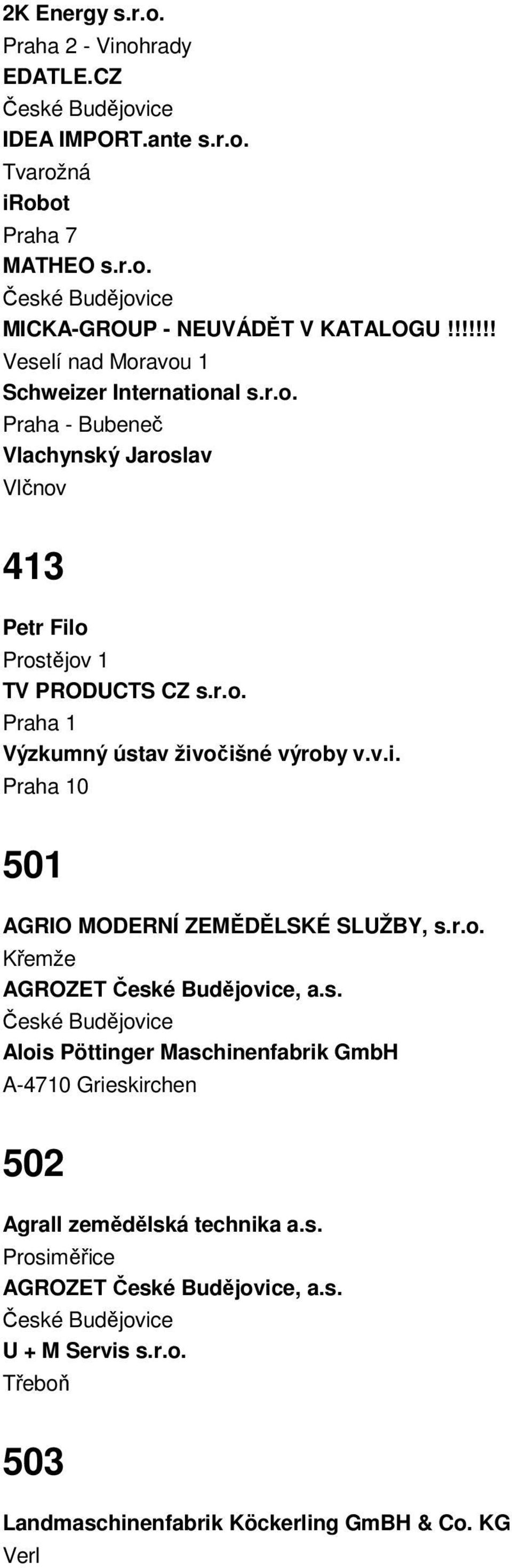 v.i. 0 501 AGRIO MODERNÍ ZEMĚDĚLSKÉ SLUŽBY, s.r.o. Křemže AGROZET, a.s. Alois Pöttinger Maschinenfabrik GmbH A-4710 Grieskirchen 502 Agrall zemědělská technika a.