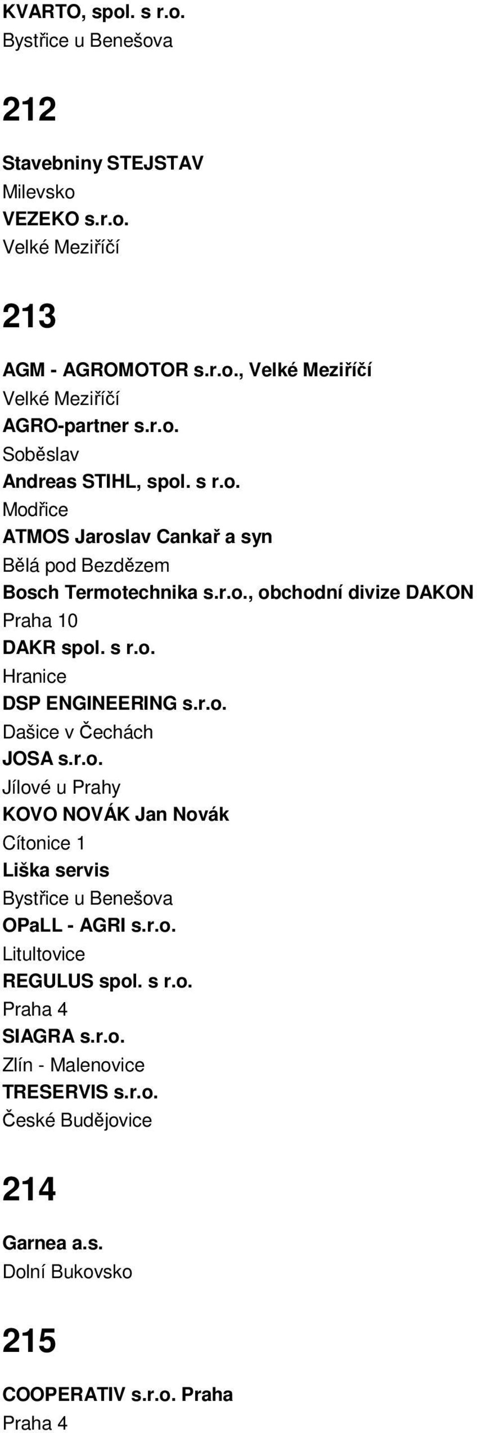 r.o. Dašice v Čechách JOSA s.r.o. Jílové u Prahy KOVO NOVÁK Jan Novák Cítonice 1 Liška servis Bystřice u Benešova OPaLL - AGRI s.r.o. Litultovice REGULUS spol. s r.