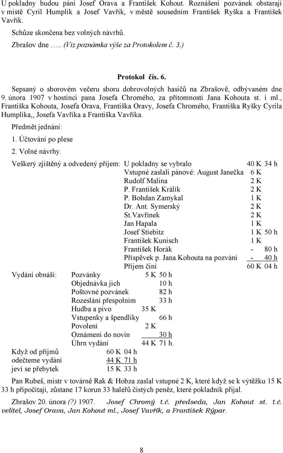 února 1907 v hostinci pana Josefa Chromého, za přítomnosti Jana Kohouta st. i ml.