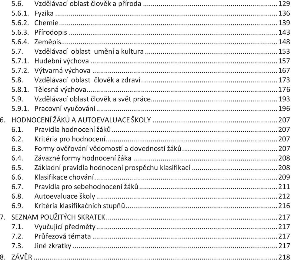 HODNOCENÍ ŽÁKŮ A AUTOEVALUACE ŠKOLY... 207 6.1. Pravidla hodnocení žáků... 207 6.2. Kritéria pro hodnocení... 207 6.3. Formy ověřování vědomostí a dovedností žáků... 207 6.4.