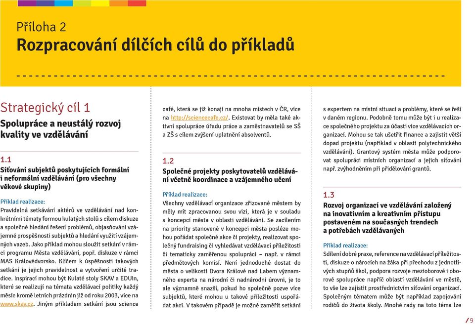 1 Síťování subjektů poskytujících formální i neformální vzdělávání (pro všechny věkové skupiny) Pravidelná setkávání aktérů ve vzdělávání nad konkrétními tématy formou kulatých stolů s cílem diskuze