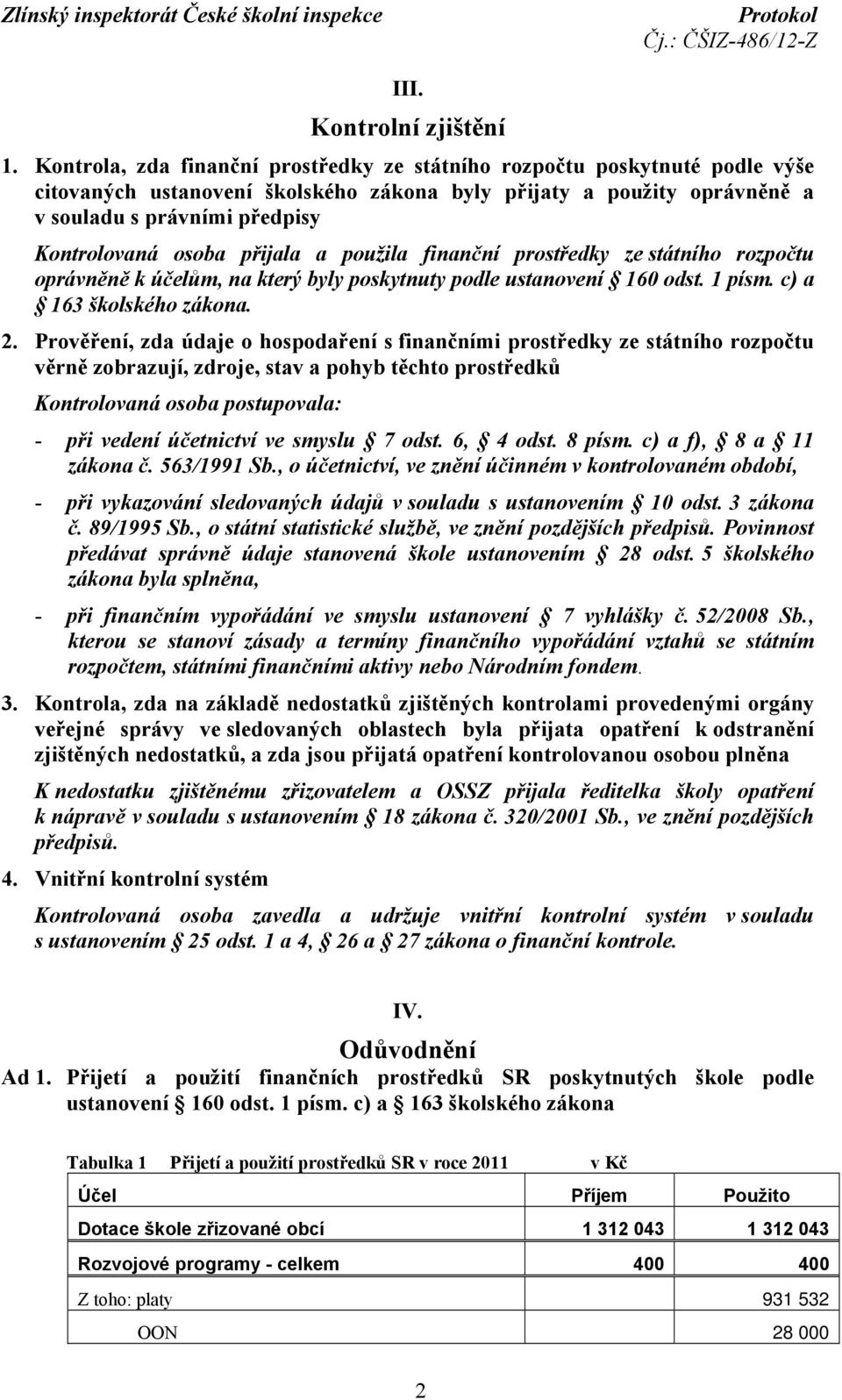 přijala a použila finanční prostředky ze státního rozpočtu oprávněně k účelům, na který byly poskytnuty podle ustanovení 160 odst. 1 písm. c) a 163 školského zákona. 2.