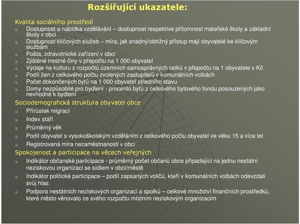 celků v přepočtu na 1 obyvatele v Kč Podíl žen z celkového počtu zvolených zastupitelů v komunálních volbách Počet dokončených bytů na 1 000 obyvatel středního stavu Domy nezpůsobilé pro bydlení -