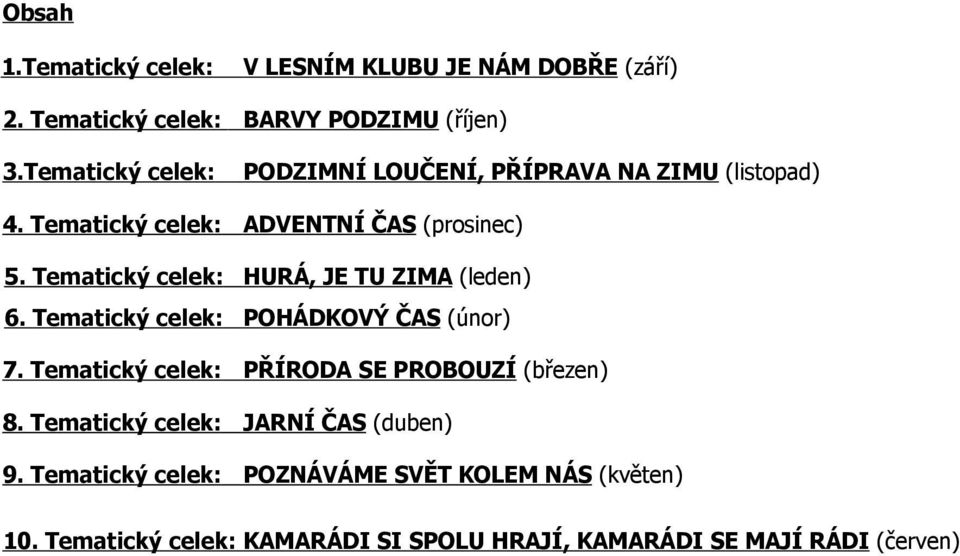 Tematický celek: HURÁ, JE TU ZIMA (leden) 6. Tematický celek: POHÁDKOVÝ ČAS (únor) 7.