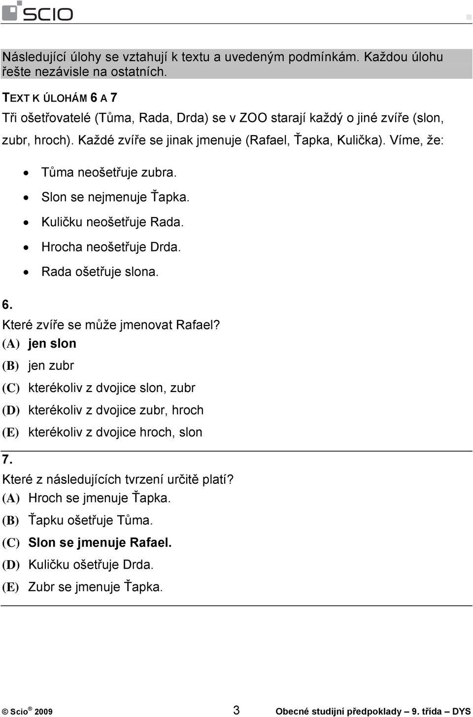 Slon se nejmenuje Ťapka. Kuličku neošetřuje Rada. Hrocha neošetřuje Drda. Rada ošetřuje slona. 6. Které zvíře se může jmenovat Rafael?