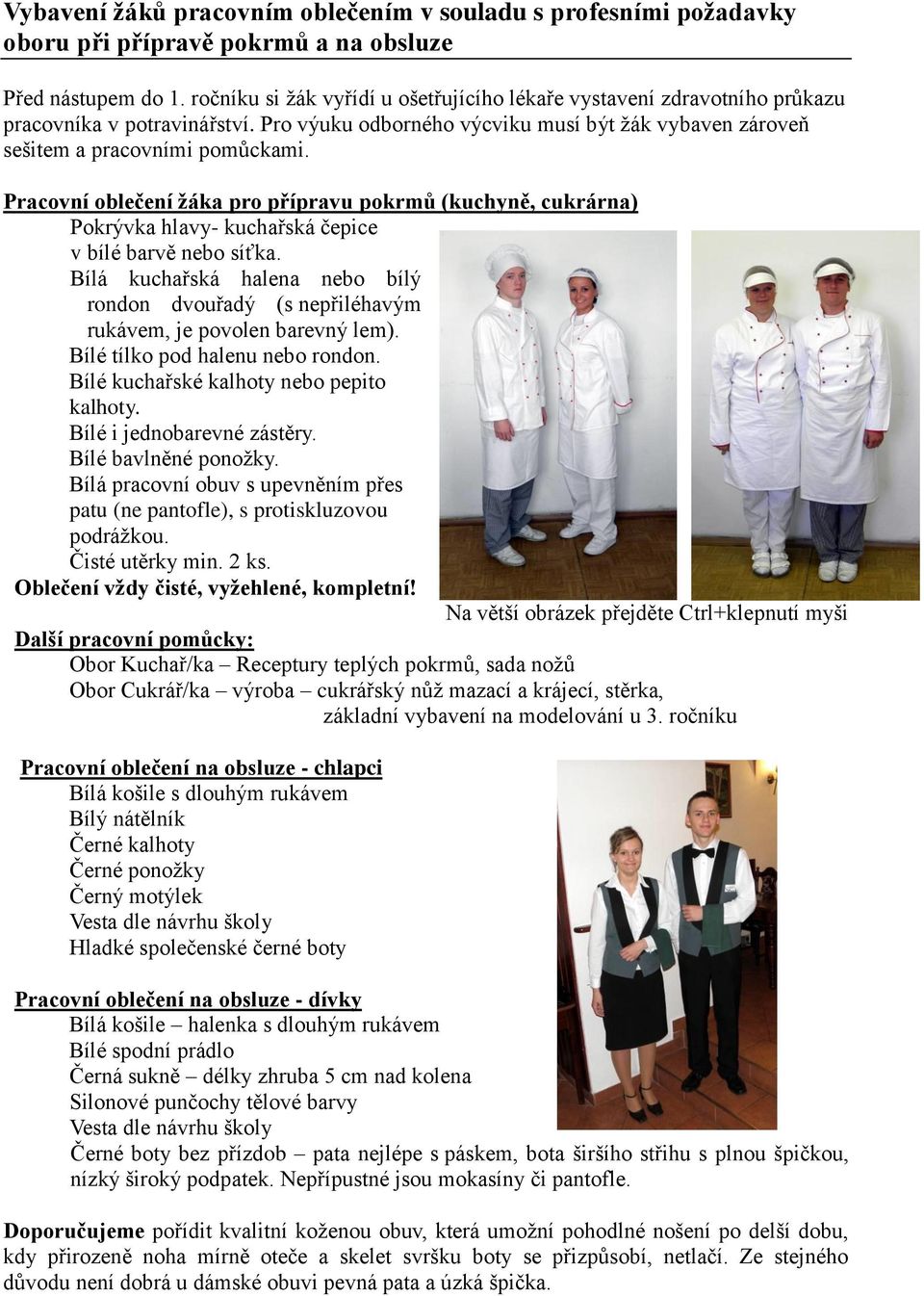 Pracovní oblečení žáka pro přípravu pokrmů (kuchyně, cukrárna) Pokrývka hlavy- kuchařská čepice v bílé barvě nebo síťka.