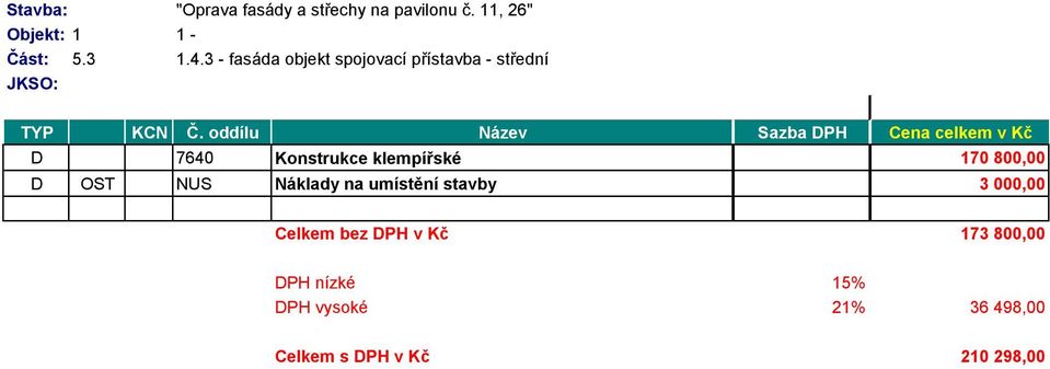 oddílu Název MJ Sazba DPH Cena celkem v Kč D 7640 Konstrukce klempířské 170 800,00 D OST