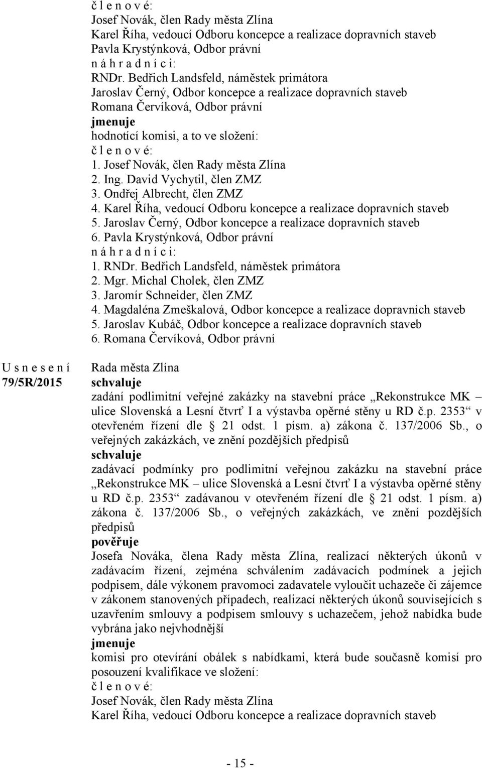 Josef Novák, člen Rady města Zlína 2. Ing. David Vychytil, člen ZMZ 3. Ondřej Albrecht, člen ZMZ 4. Karel Říha, vedoucí Odboru koncepce a realizace dopravních staveb 5.