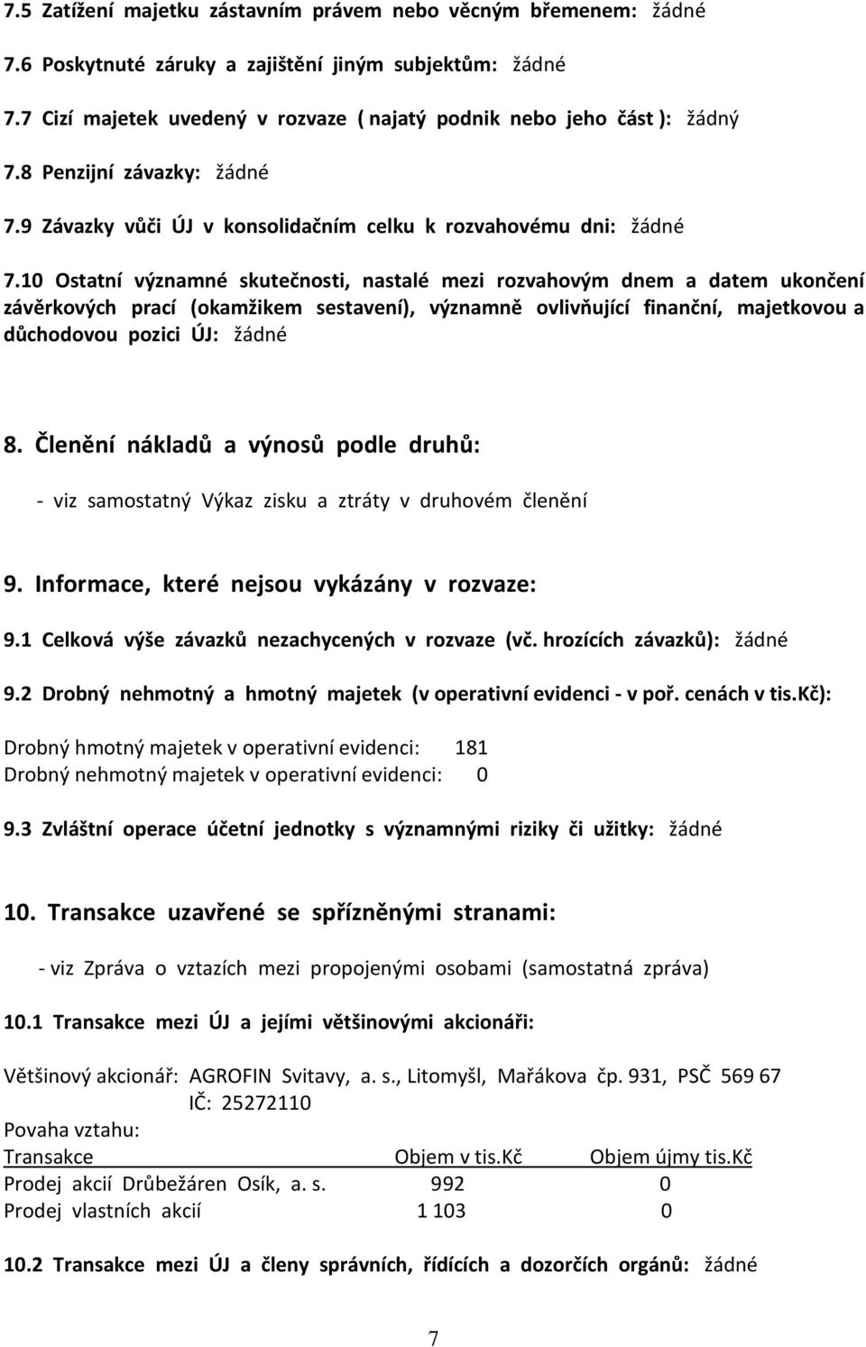 10 Ostatní významné skutečnosti, nastalé mezi rozvahovým dnem a datem ukončení závěrkových prací (okamžikem sestavení), významně ovlivňující finanční, majetkovou a důchodovou pozici ÚJ: žádné 8.