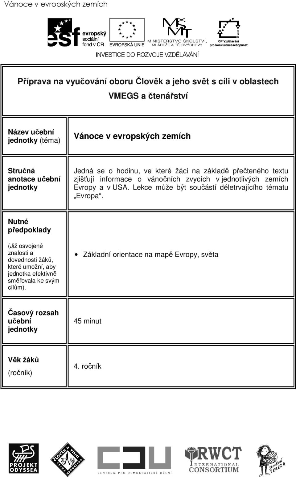 jednotlivých zemích Evropy a v USA. Lekce může být součástí déletrvajícího tématu Evropa.