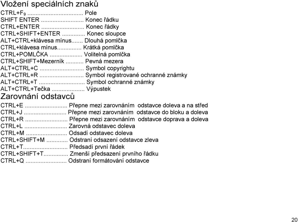 .. Symbol ochranné známky ALT+CTRL+Tečka... Výpustek Zarovnání odstavců CTRL+E... Přepne mezi zarovnáním odstavce doleva a na střed CTRL+J... Přepne mezi zarovnáním odstavce do bloku a doleva CTRL+R.