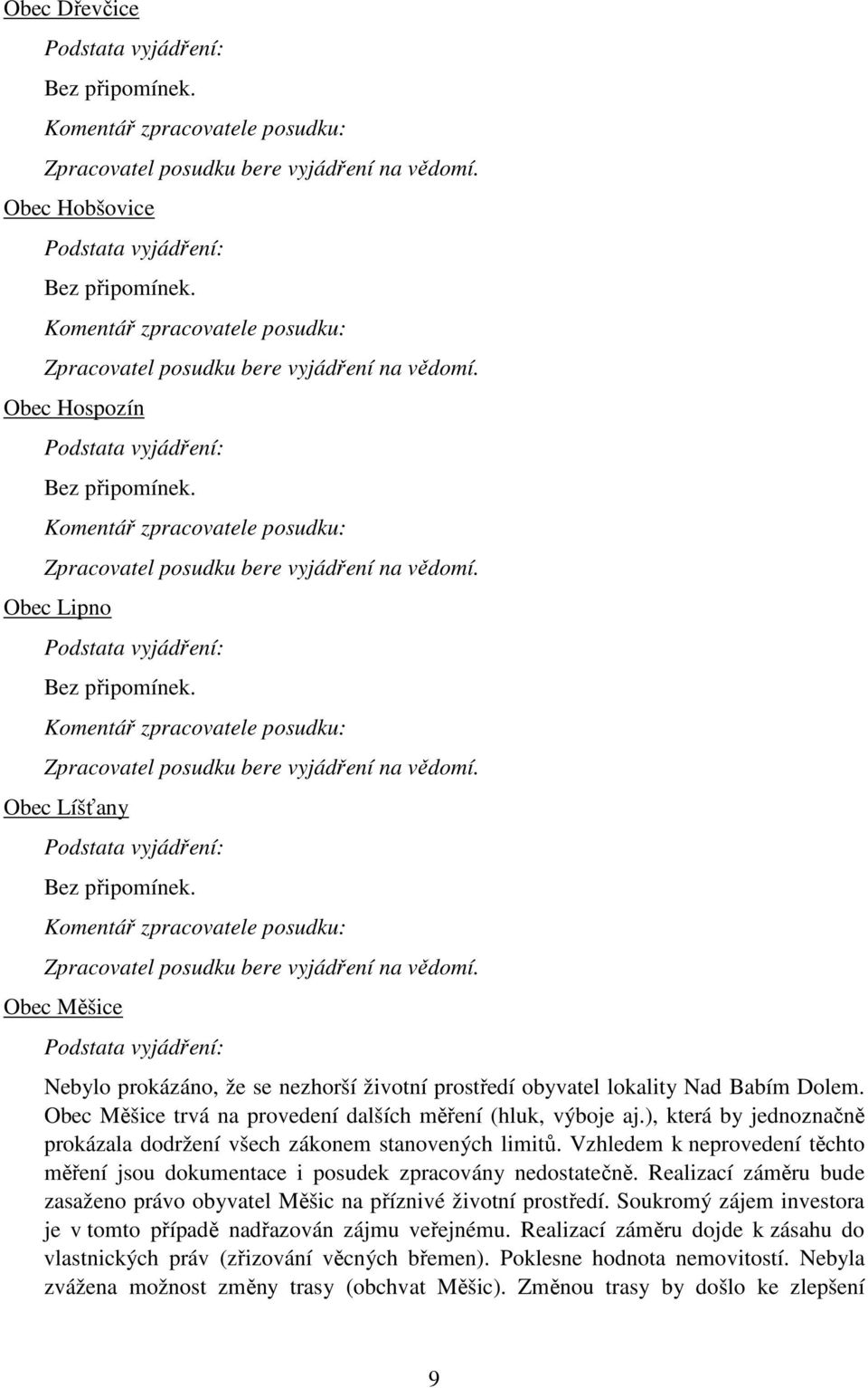 Obec Líšťany Bez připomínek. Zpracovatel posudku bere vyjádření na vědomí. Obec Měšice Nebylo prokázáno, že se nezhorší životní prostředí obyvatel lokality Nad Babím Dolem.
