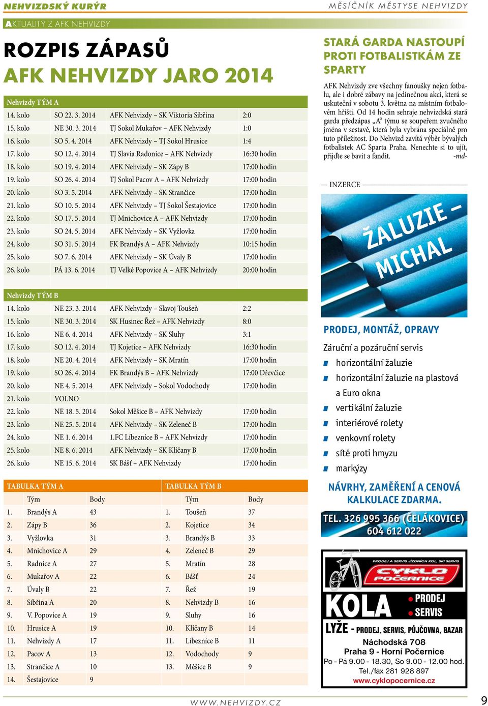 kolo SO 3. 5. 2014 AFK Nehvizdy SK Strančice 17:00 hodin 21. kolo SO 10. 5. 2014 AFK Nehvizdy TJ Sokol Šestajovice 17:00 hodin 22. kolo SO 17. 5. 2014 TJ Mnichovice A AFK Nehvizdy 17:00 hodin 23.