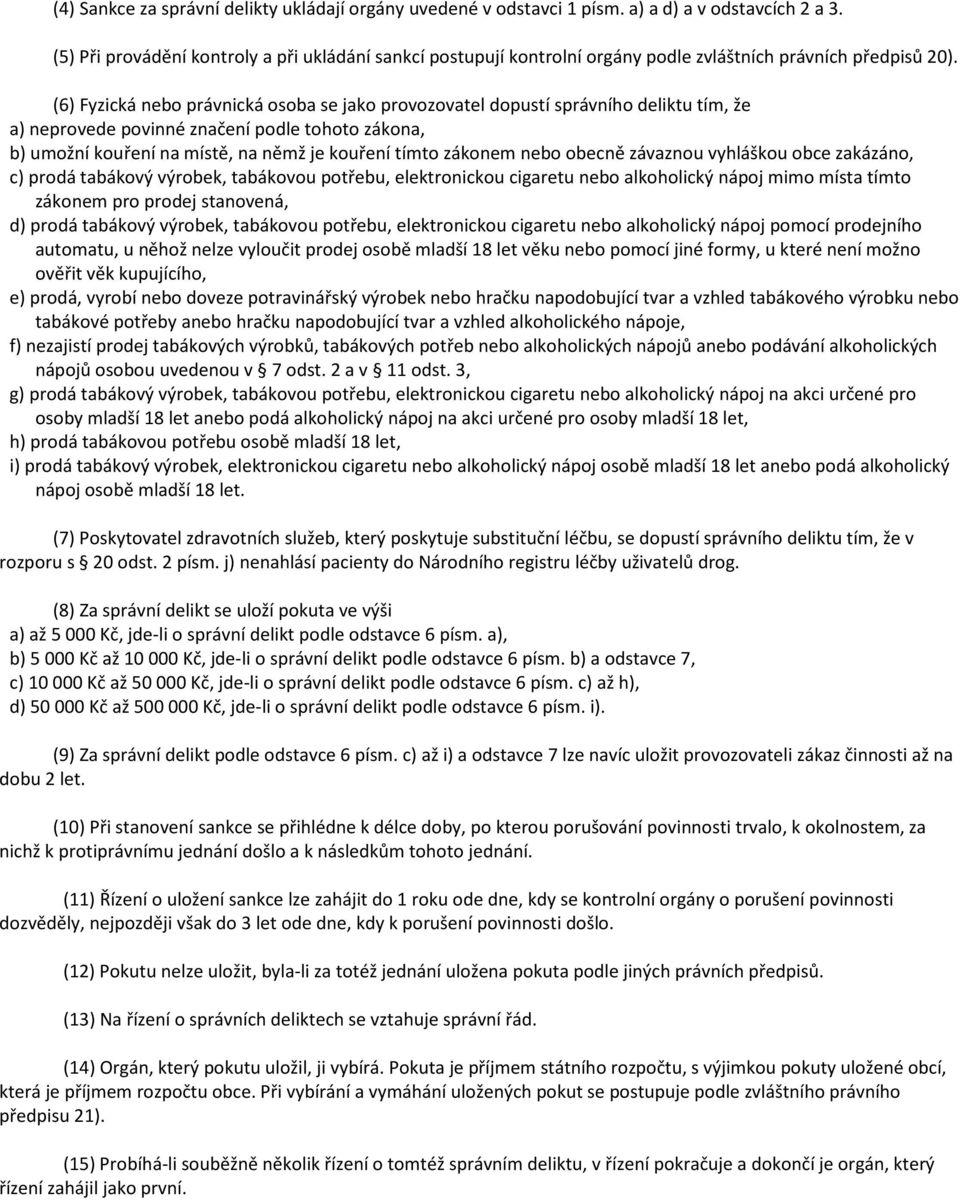 (6) Fyzická nebo právnická osoba se jako provozovatel dopustí správního deliktu tím, že a) neprovede povinné značení podle tohoto zákona, b) umožní kouření na místě, na němž je kouření tímto zákonem