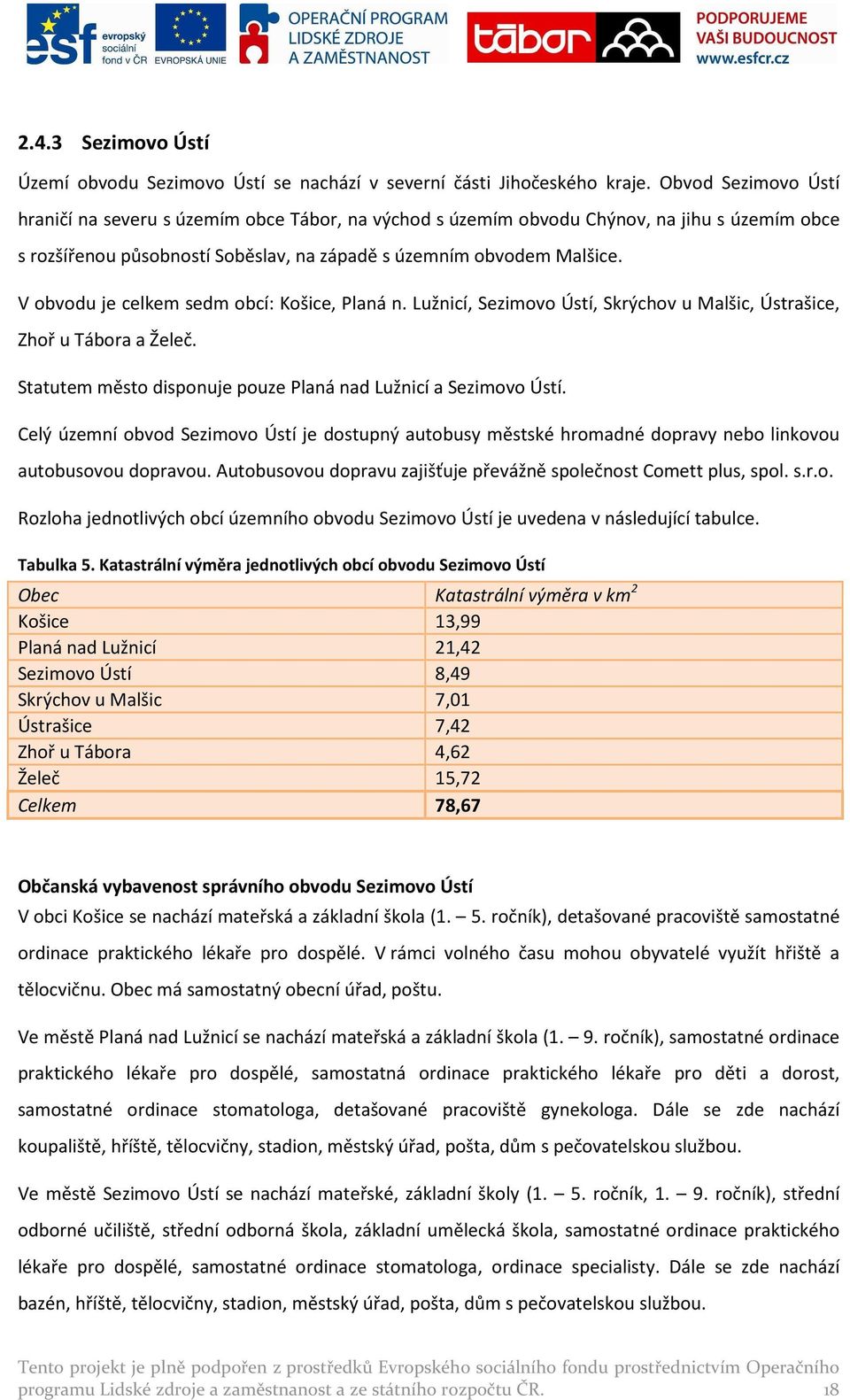 V obvodu je celkem sedm obcí: Košice, Planá n. Lužnicí, Sezimovo Ústí, Skrýchov u Malšic, Ústrašice, Zhoř u Tábora a Želeč. Statutem město disponuje pouze Planá nad Lužnicí a Sezimovo Ústí.