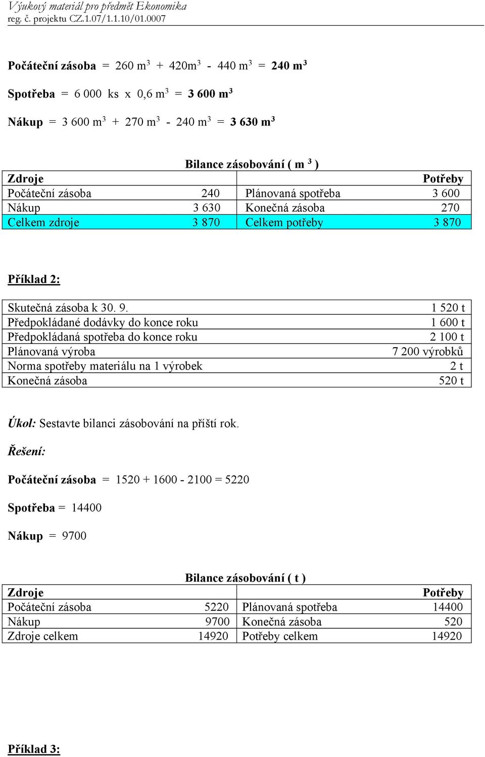 Předpokládané dodávky do konce roku Předpokládaná spotřeba do konce roku Plánovaná výroba Norma spotřeby materiálu na 1 výrobek Konečná zásoba 1 520 t 1 600 t 2 100 t 7 200 výrobků 2 t 520 t Úkol: