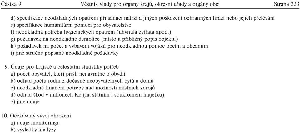 ) g) požadavek na neodkladné demolice (místo a přibližný popis objektu) h) požadavek na počet a vybavení vojáků pro neodkladnou pomoc obcím a občanům i) jiné stručně popsané neodkladné požadavky 9.