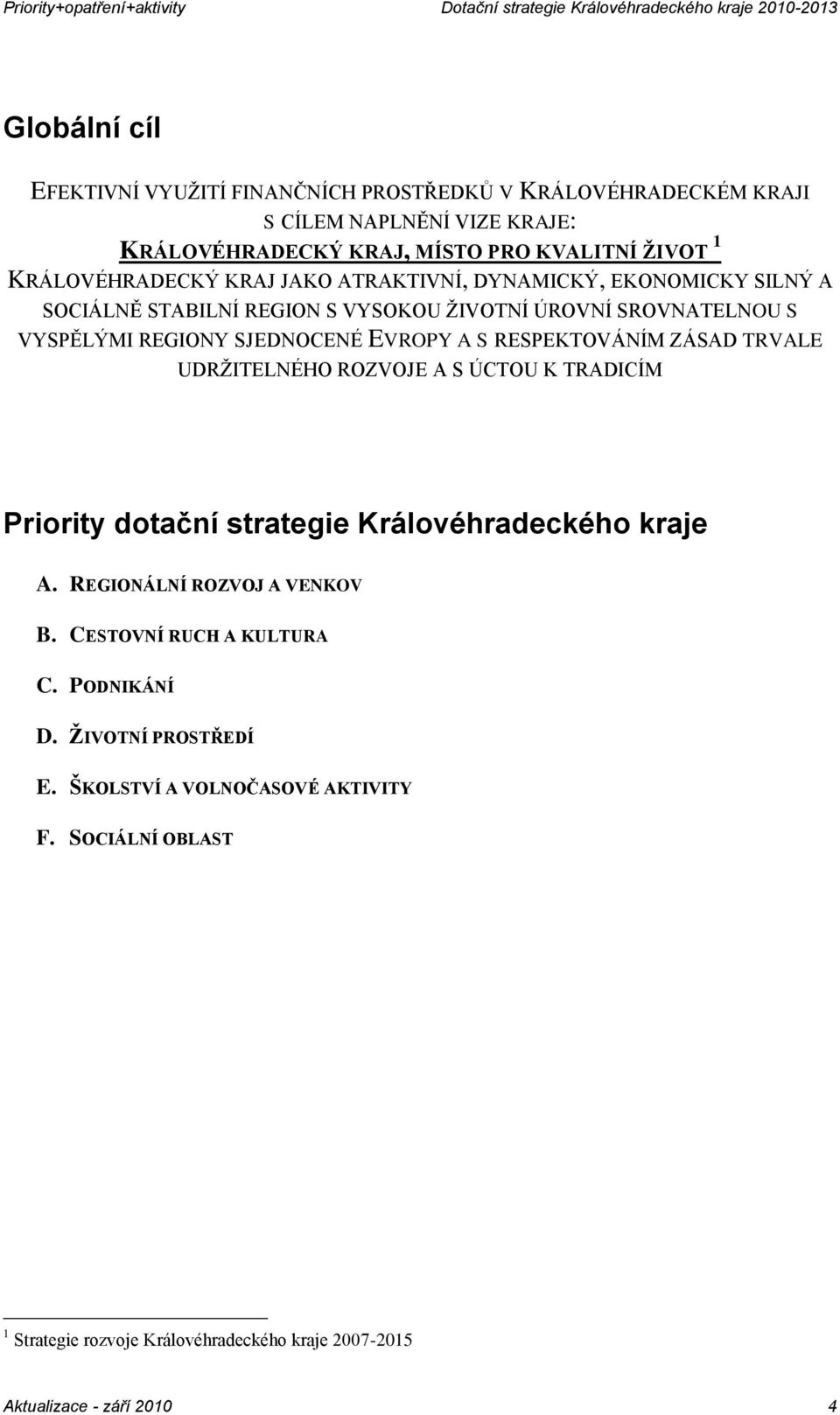 A S RESPEKTOVÁNÍM ZÁSAD TRVALE UDRŽITELNÉHO ROZVOJE A S ÚCTOU K TRADICÍM Priority dotační strategie Královéhradeckého kraje A. REGIONÁLNÍ ROZVOJ A VENKOV B.