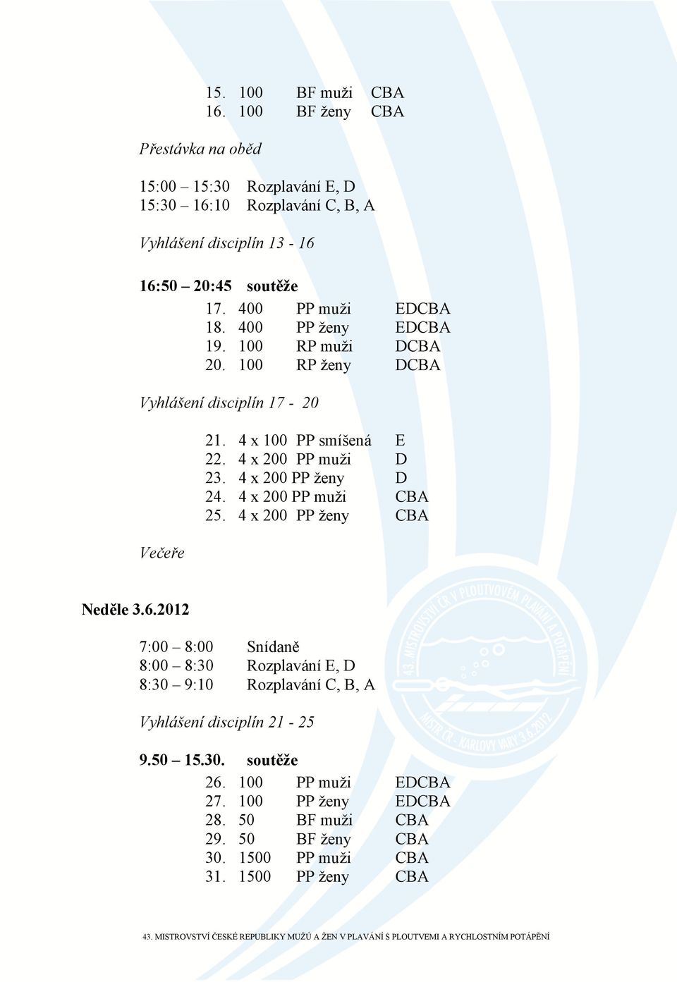 400 PP ženy EDCBA 19. 100 RP muži DCBA 20. 100 RP ženy DCBA Vyhlášení disciplín 17-20 Večeře 21. 4 x 100 PP smíšená E 22. 4 x 200 PP muži D 23. 4 x 200 PP ženy D 24.