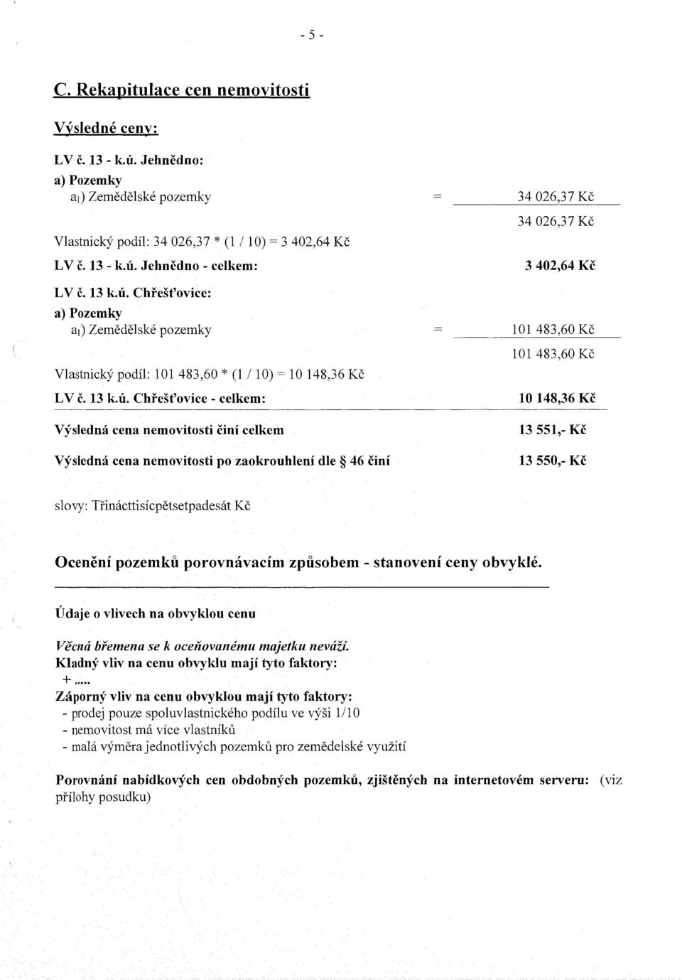 nemovitosti po zaokrouhlení dle 46 činí 34 026,37 Kč 34 026,37 Kč 3 402,64 Kč 101 483,60 Kč 101 483,60 Kč 10 148,36 Kč 13 551,- Kč 13 550,- Kč slovy: Třinácttisícpětsetpadesát Kč Ocenění pozemků