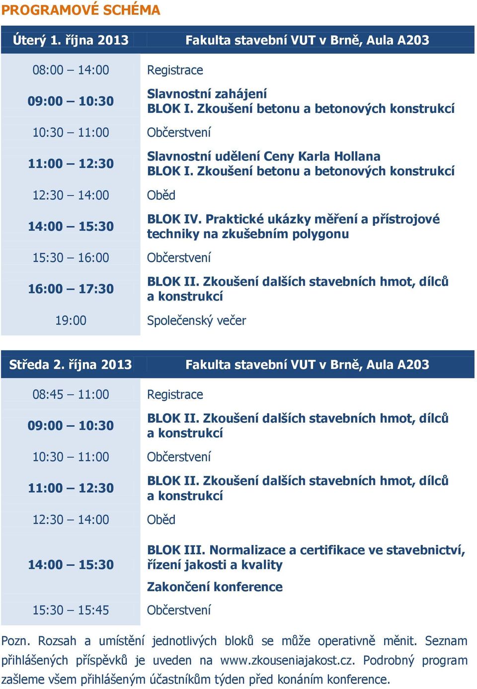 Praktické ukázky měření a přístrojové techniky na zkušebním polygonu 15:30 16:00 Občerstvení 16:00 17:30 BLOK II. Zkoušení dalších stavebních hmot, dílců a konstrukcí 19:00 Společenský večer Středa 2.