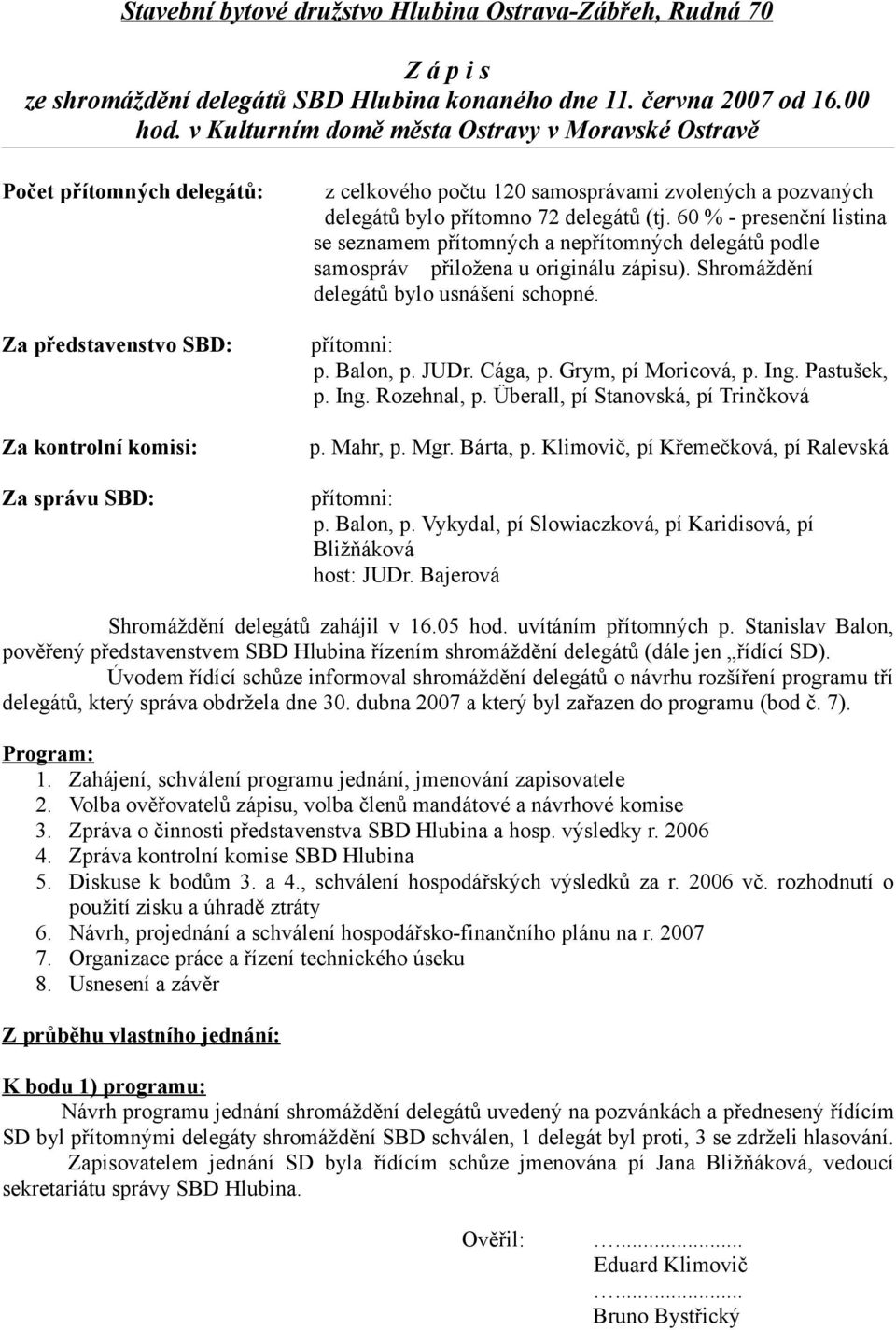 delegátů bylo přítomno 72 delegátů (tj. 60 % - presenční listina se seznamem přítomných a nepřítomných delegátů podle samospráv přiložena u originálu zápisu).