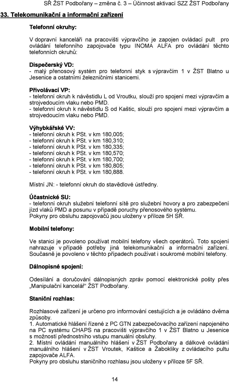 telefonních okruhů: Dispečerský VD: - malý přenosový systém pro telefonní styk s výpravčím 1 v ŽST Blatno u Jesenice a ostatními železničními stanicemi.
