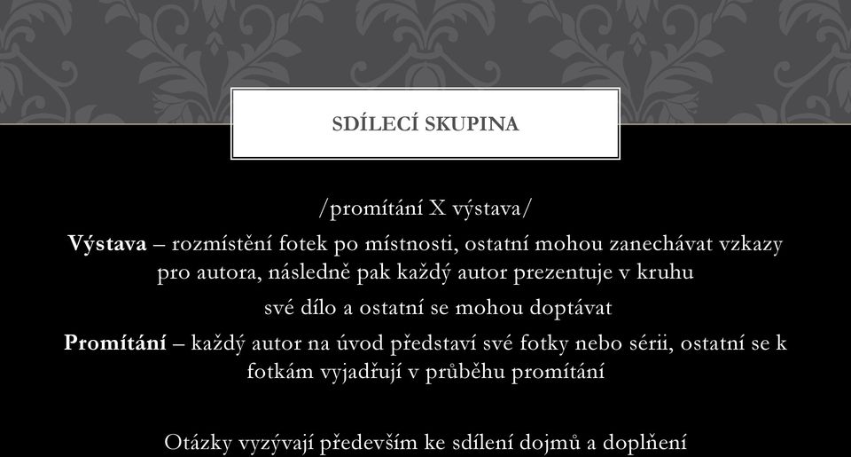 ostatní se mohou doptávat Promítání každý autor na úvod představí své fotky nebo sérii,