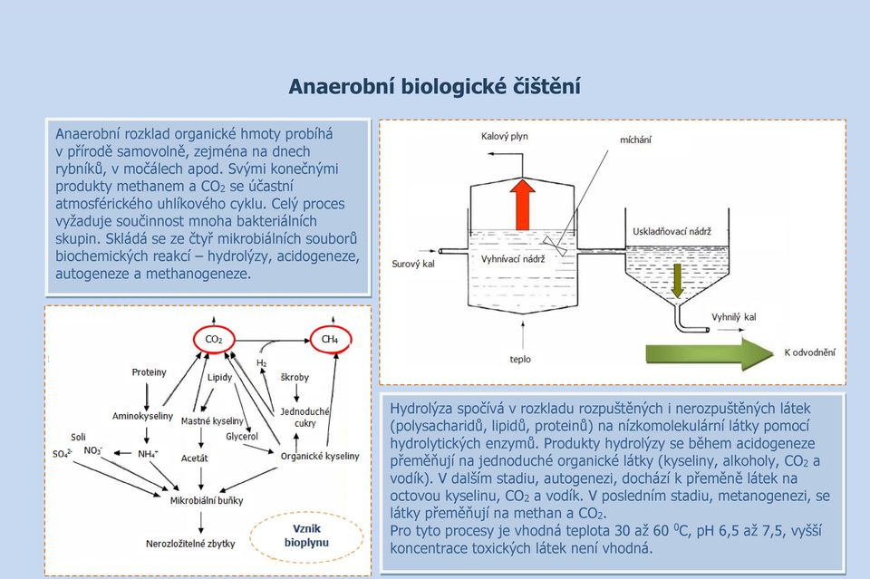 Skládá se ze čtyř mikrobiálních souborů biochemických reakcí hydrolýzy, acidogeneze, autogeneze a methanogeneze.