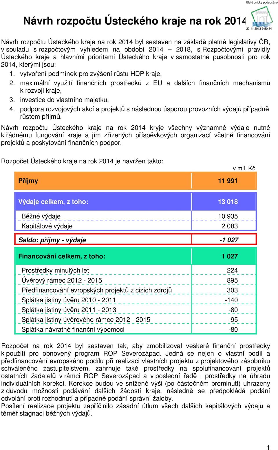 maximální využití finančních prostředků z EU a dalších finančních mechanismů k rozvoji kraje, 3. investice do vlastního majetku, 4.