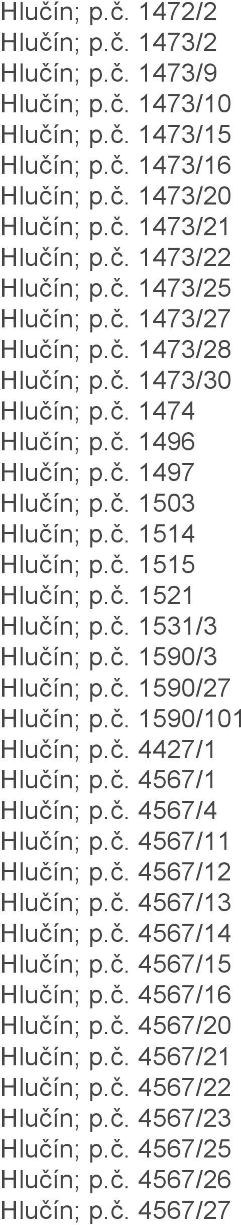 . 1521 Hluín; p.. 1531/3 Hluín; p.. 1590/3 Hluín; p.. 1590/27 Hluín; p.. 1590/101 Hluín; p.. 4427/1 Hluín; p.. 4567/1 Hluín; p.. 4567/4 Hluín; p.. 4567/11 Hluín; p.. 4567/12 Hluín; p.