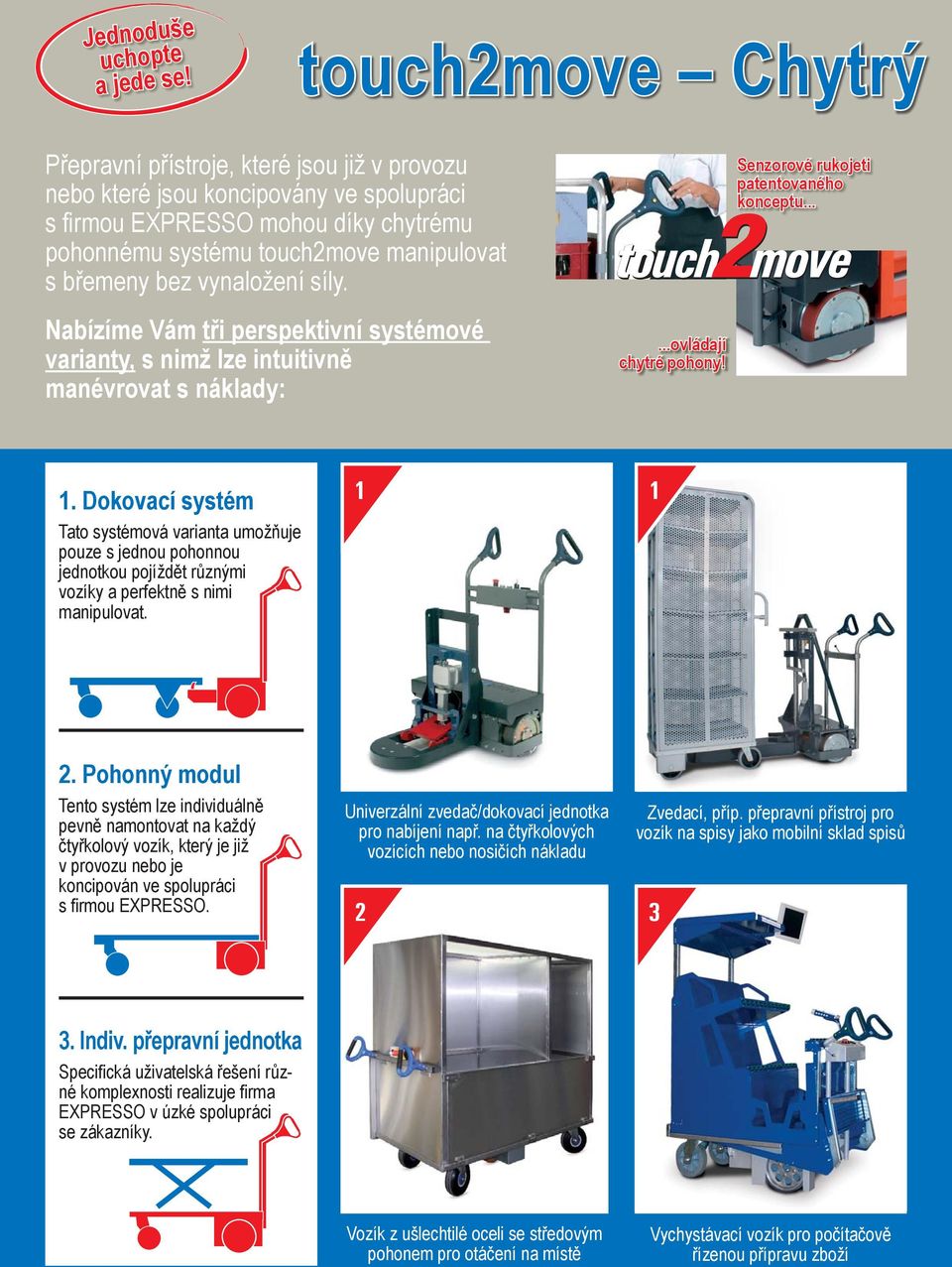 vynaložení síly. Nabízíme Vám tři perspektivní systémové varianty, s nimž lze intuitivně manévrovat s náklady: to...ovládají chytré pohony! Senzorové rukojeti patentovaného konceptu... 1.
