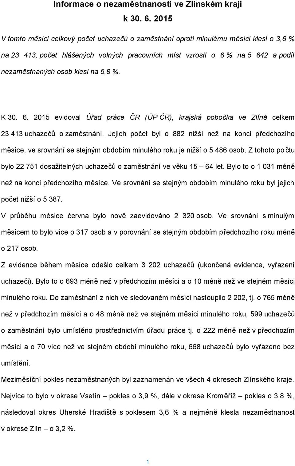 klesl na 5,8 %. K 30. 6. 2015 evidoval Úřad práce ČR (ÚP ČR), krajská pobočka ve Zlíně celkem 23 413 uchazečů o zaměstnání.