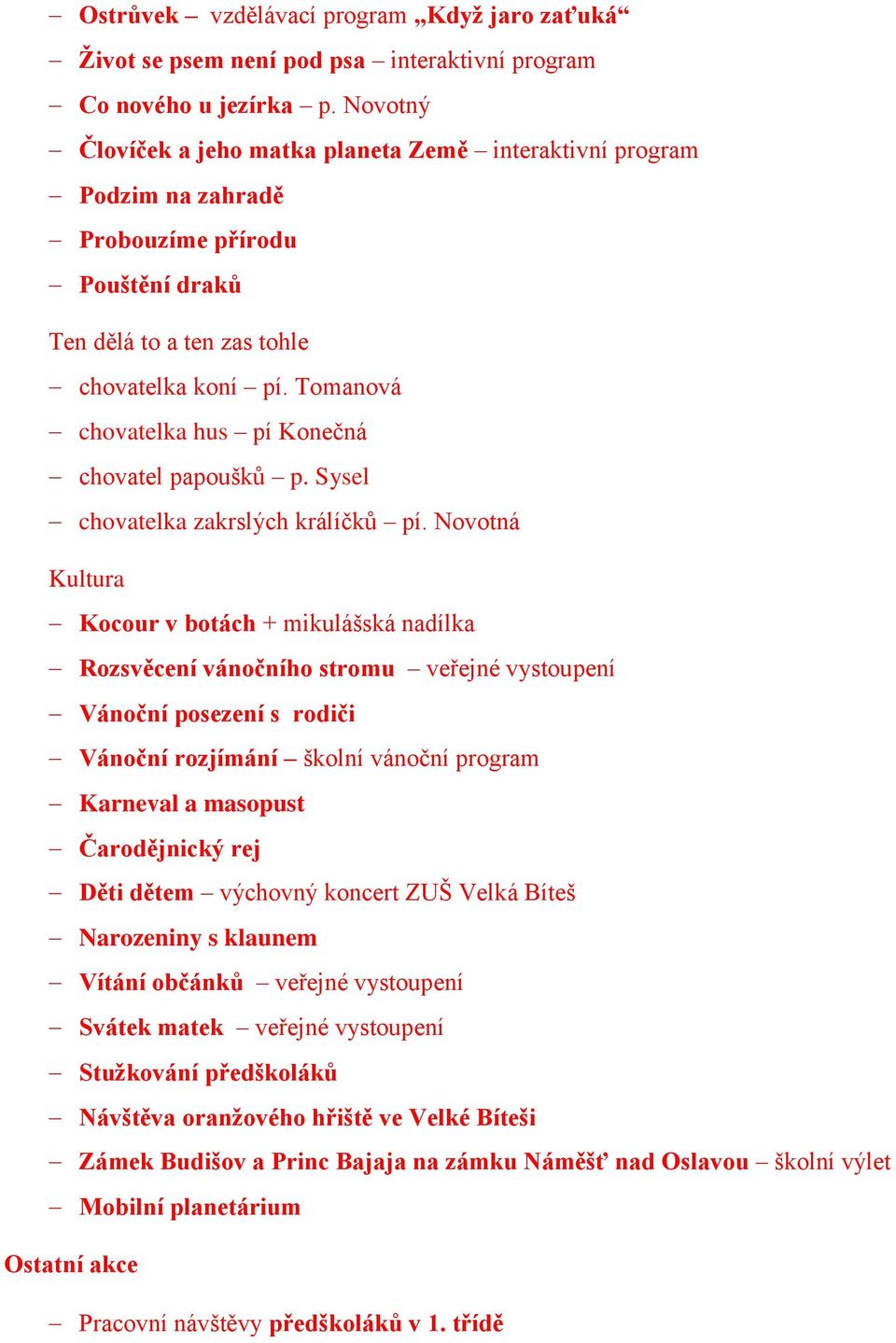Tomanová chovatelka hus pí Konečná chovatel papoušků p. Sysel chovatelka zakrslých králíčků pí.