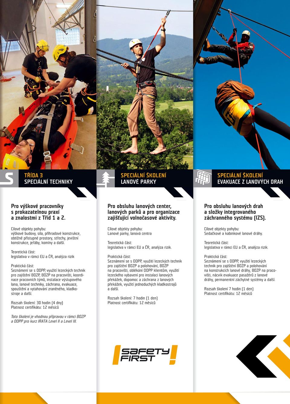 legislativa v rámci EU a ČR, analýza rizik Seznámení se s OOPP, využití lezeckých technik pro zajištění BOZP, BOZP na pracovišti, koordinace pracovních týmů, instalace výstupového lana, lanové