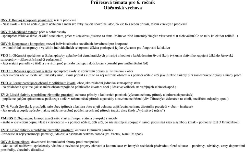 vzniklých problémů OSV 7: Mezilidské vztahy: péče o dobré vztahy - spolupráce žáků ve škole, či žáků s učitelem, práce v kolektivu (diskuse na téma- Mám ve třídě kamarády?