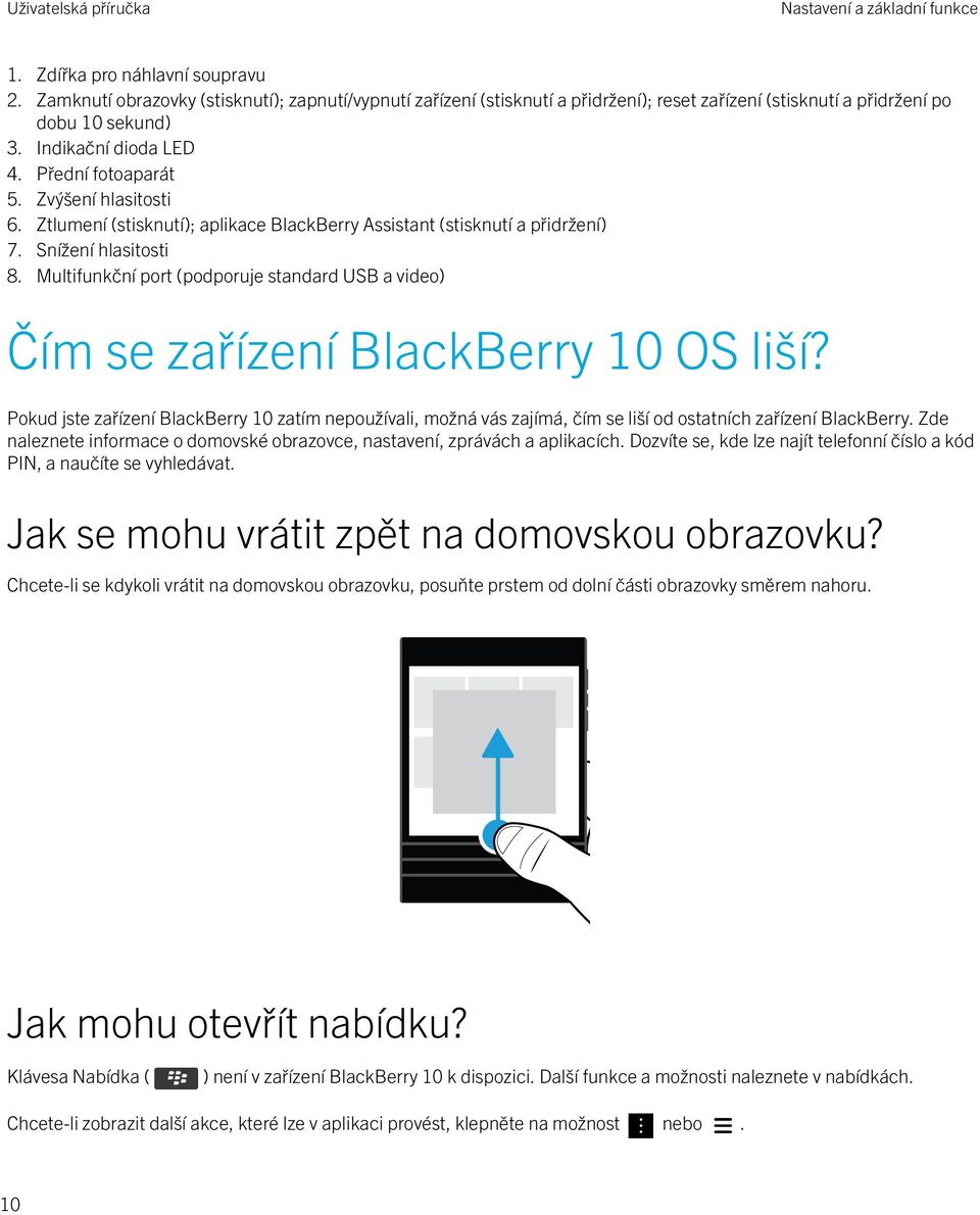 Zvýšení hlasitosti 6. Ztlumení (stisknutí); aplikace BlackBerry Assistant (stisknutí a přidržení) 7. Snížení hlasitosti 8.