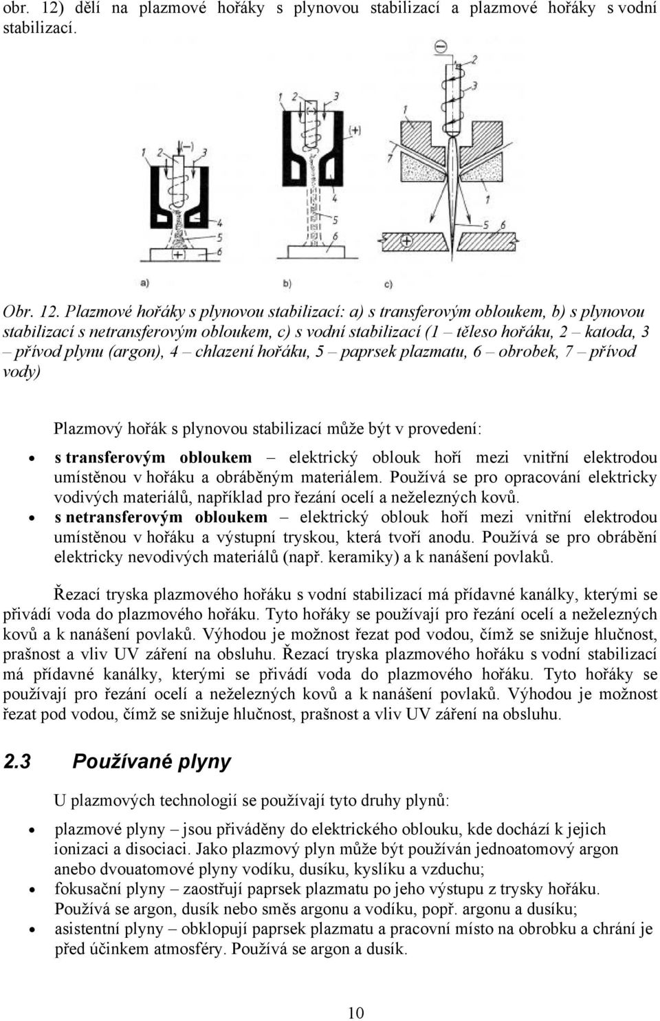 Plazmové hořáky s plynovou stabilizací: a) s transferovým obloukem, b) s plynovou stabilizací s netransferovým obloukem, c) s vodní stabilizací (1 těleso hořáku, 2 katoda, 3 přívod plynu (argon), 4