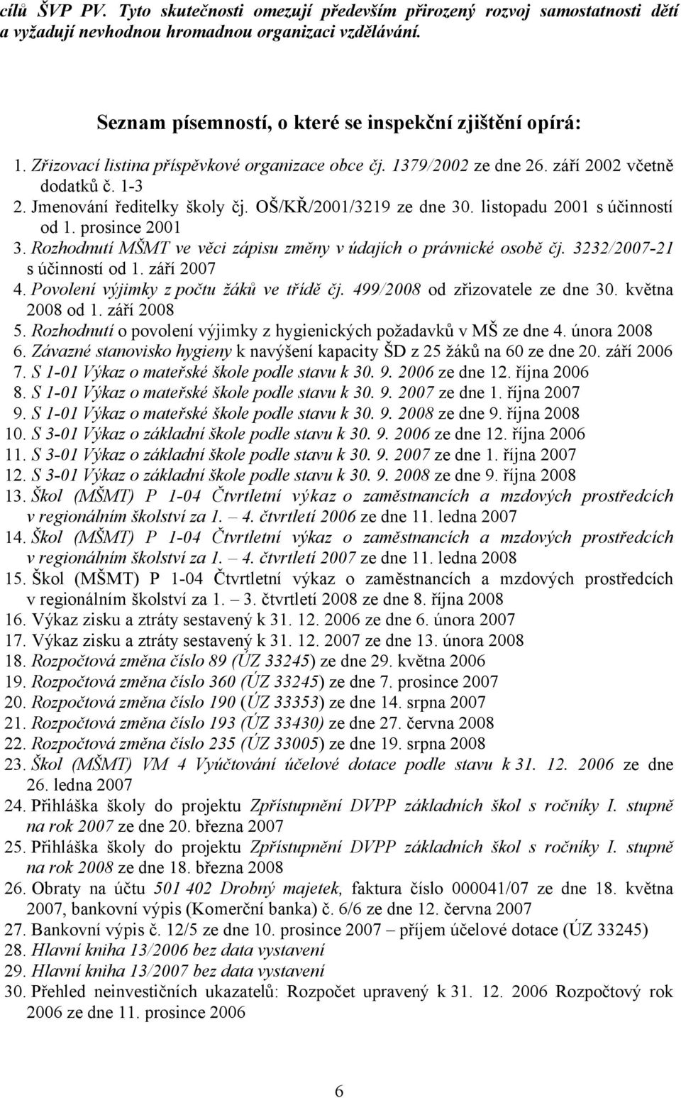 prosince 2001 3. Rozhodnutí MŠMT ve věci zápisu změny v údajích o právnické osobě čj. 3232/2007-21 s účinností od 1. září 2007 4. Povolení výjimky z počtu žáků ve třídě čj.