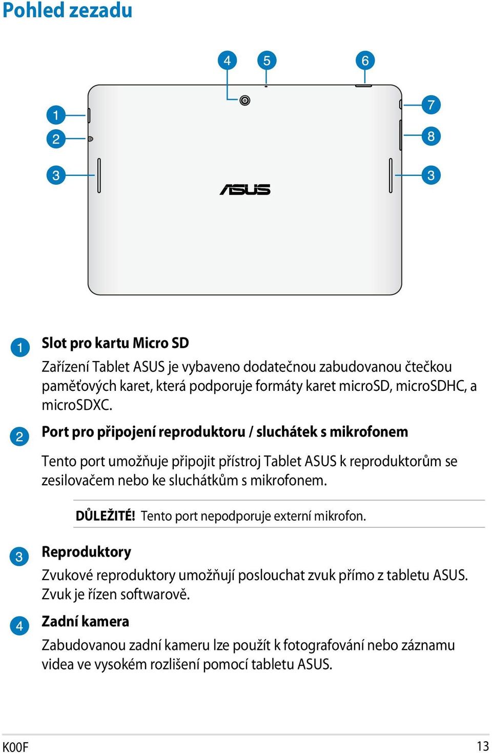 Port pro připojení reproduktoru / sluchátek s mikrofonem Tento port umožňuje připojit přístroj Tablet ASUS k reproduktorům se zesilovačem nebo ke sluchátkům s