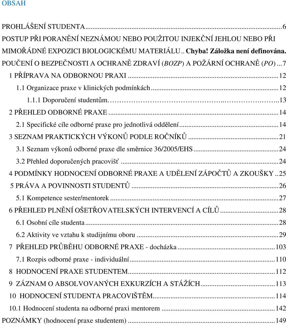 ....13 2 PŘEHLED ODBORNÉ PRAXE... 14 2.1 Specifické cíle odborné praxe pro jednotlivá oddělení... 14 3 SEZNAM PRAKTICKÝCH VÝKONŮ PODLE ROČNÍKŮ... 21 3.