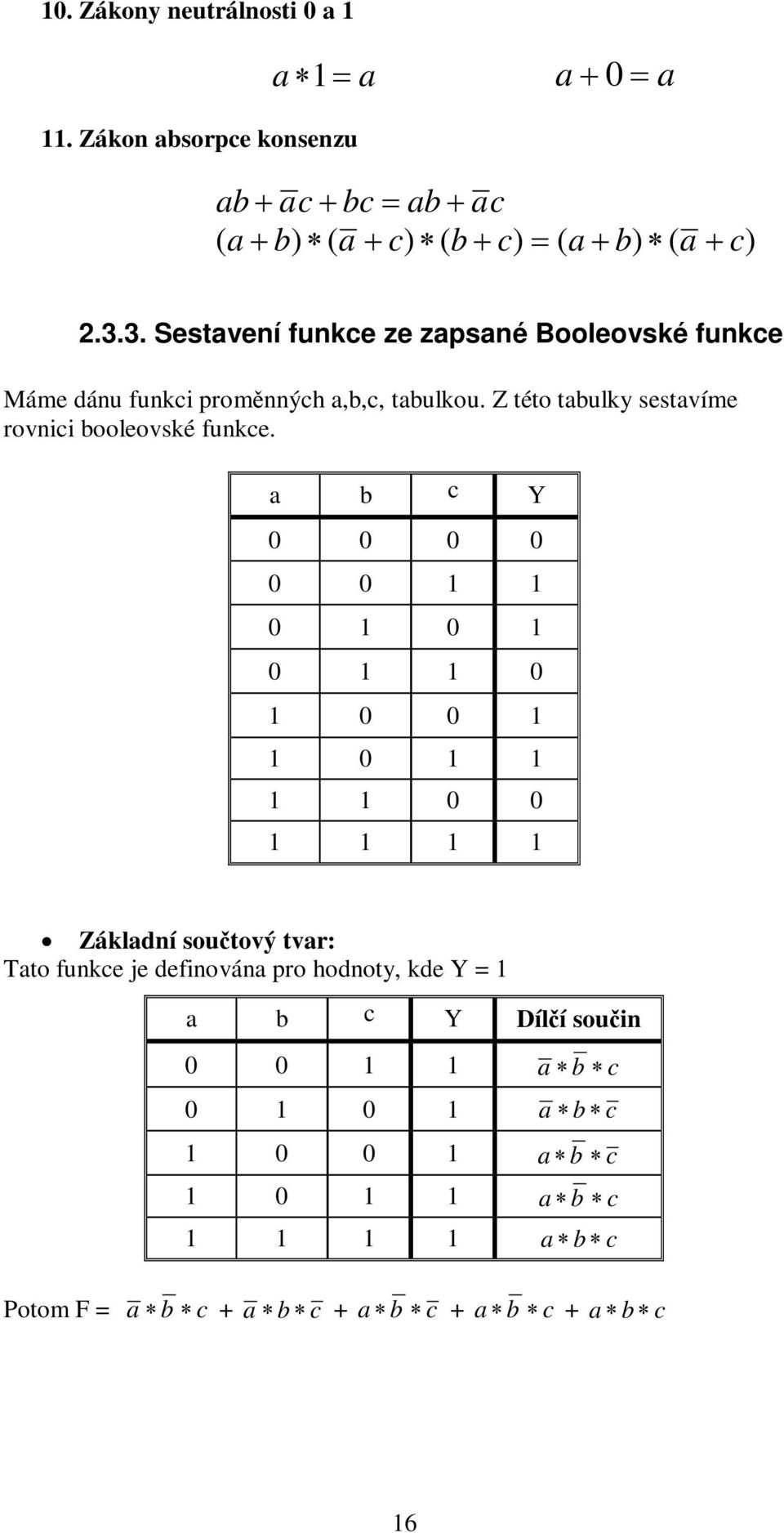 Z této tabulky sestavíme rovnici booleovské funkce.