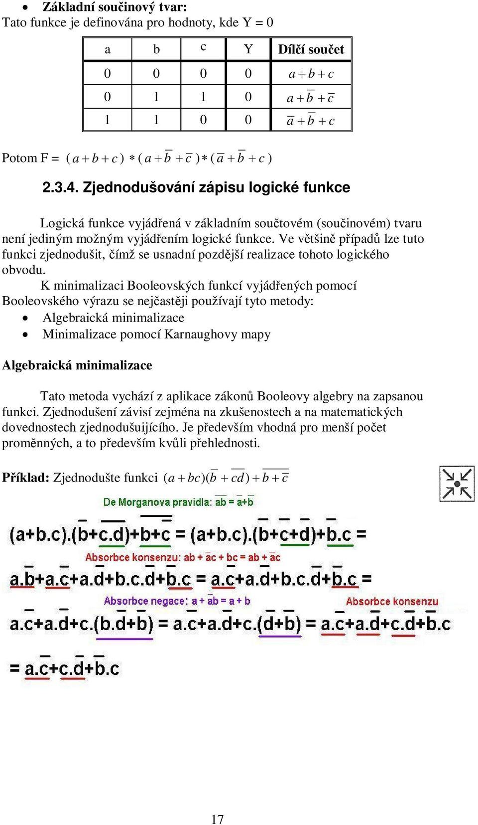 Ve většině případů lze tuto funkci zjednodušit, čímž se usnadní pozdější realizace tohoto logického obvodu.