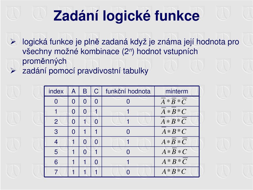 pravdivostní tabulky index C funkční hodnota minterm 0 0 0 0 0 1 0 0 1 1 2 0 1 0