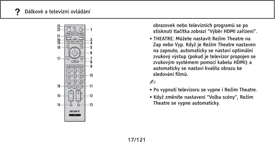 Když je Režim Theatre nastaven na zapnuto, automaticky se nastaví optimální zvukový výstup (pokud je televizor propojen se zvukovým systémem