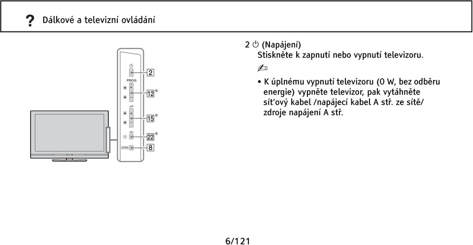 K úplnému vypnutí televizoru (0 W, bez odběru energie) vypněte